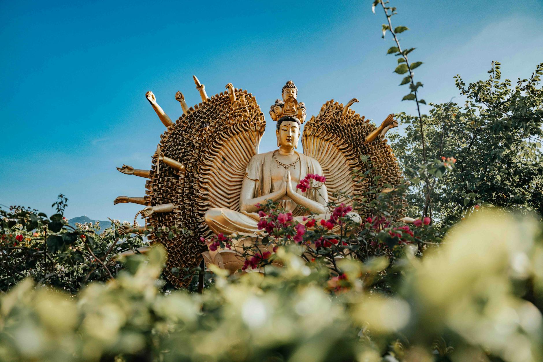 Golden seated Buddha statue with deer statues at the base, representing the deer park where the first sermon was given