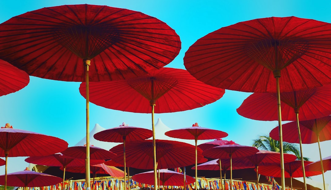 Colorful handmade paper umbrellas on display at Bo Sang Umbrella Festival in Chiang Mai