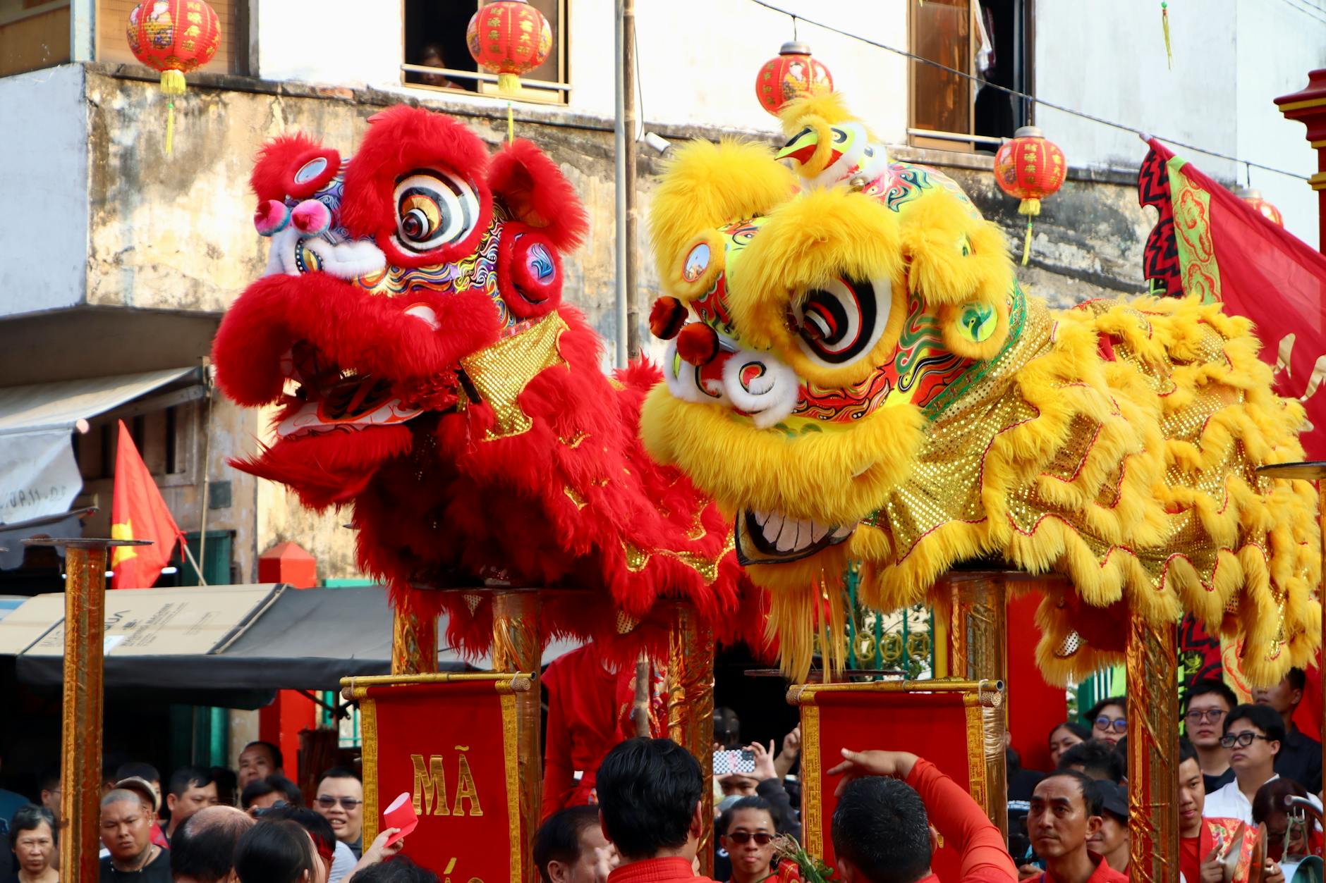 Dragon dance and red lanterns during Chinese New Year celebration in Bangkok's Chinatown
