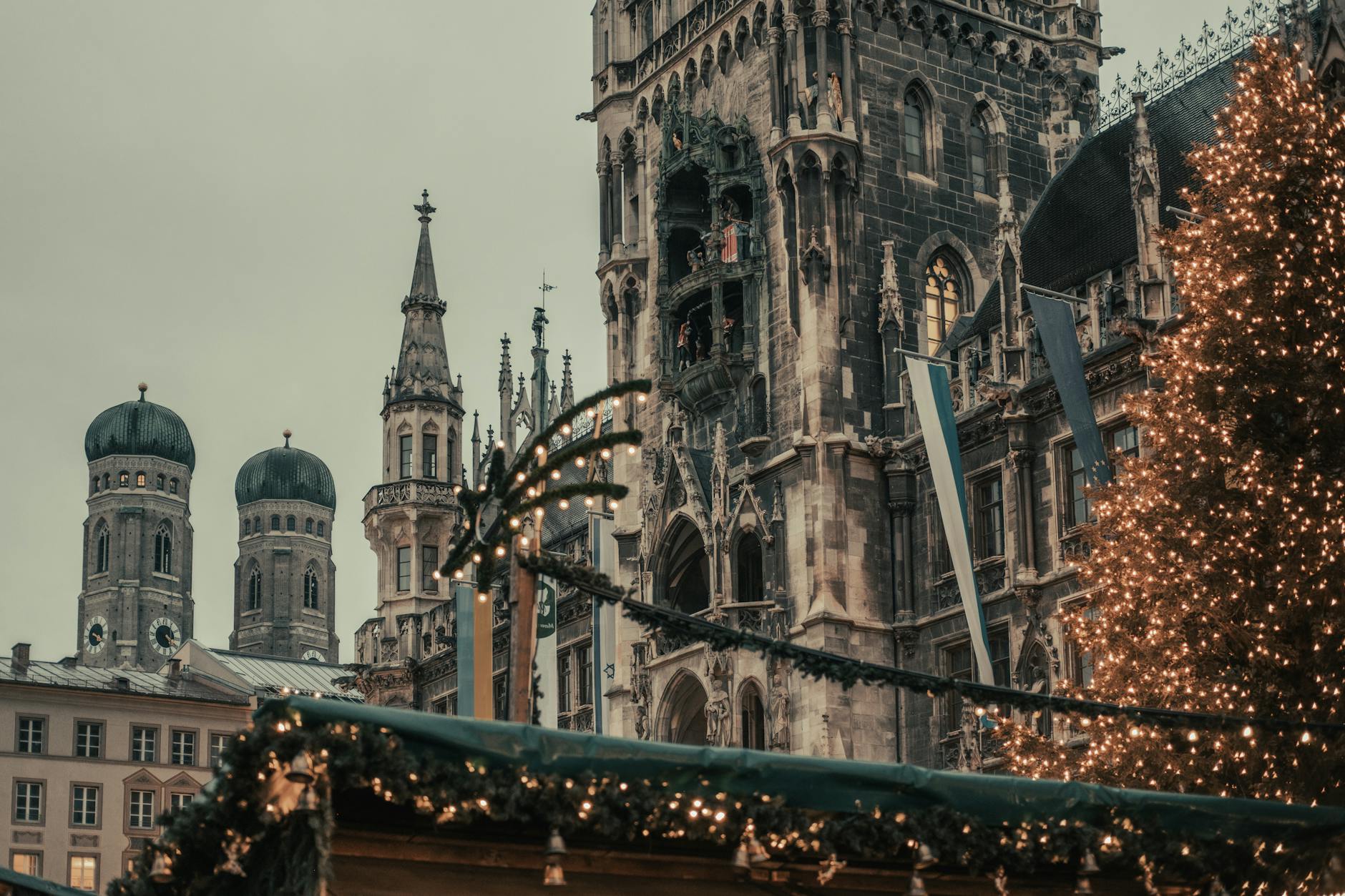 German Christmas market food with bratwurst and gluhwein