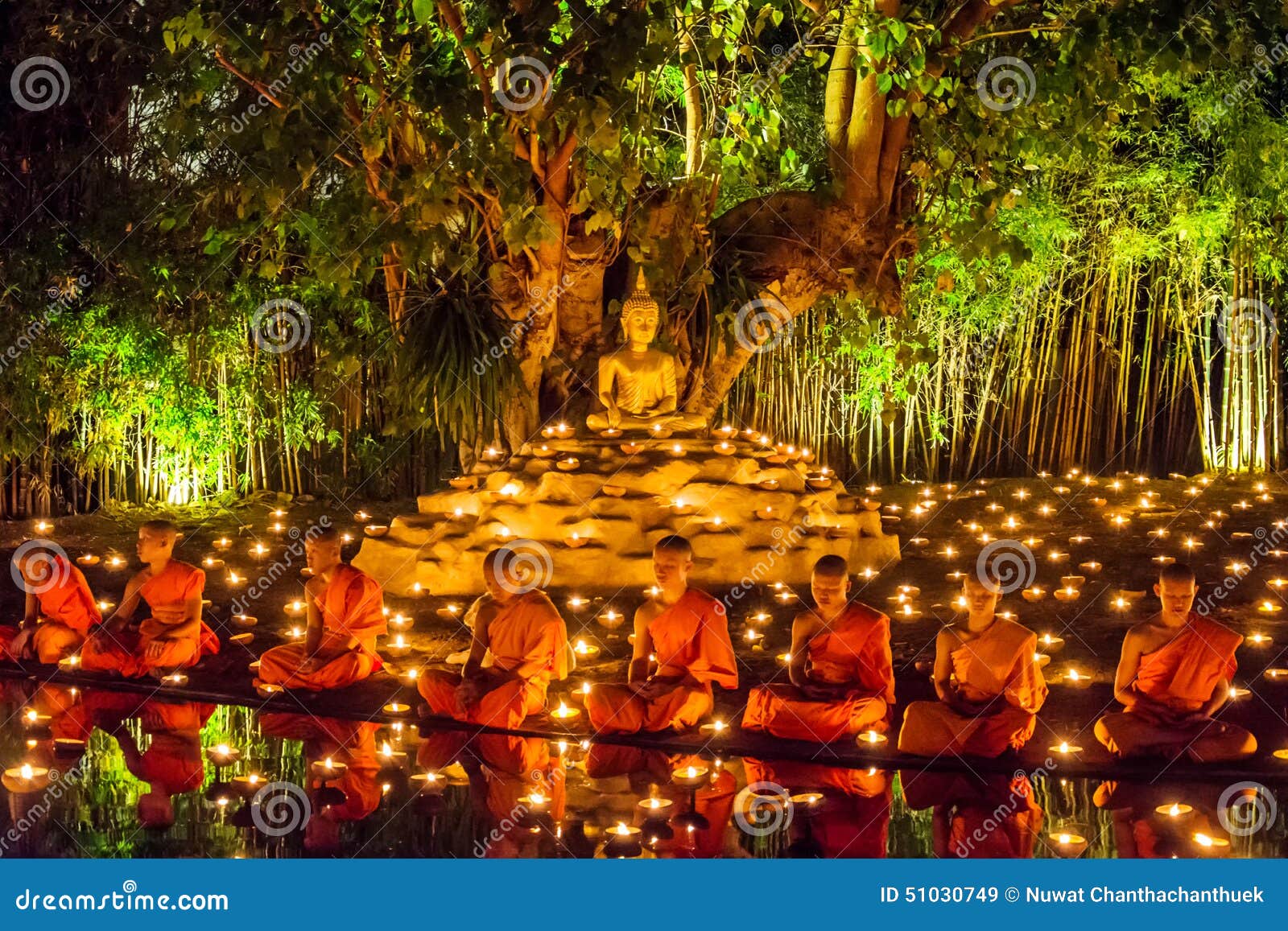 Candlelight procession at a Thai temple during Makha Bucha Day
