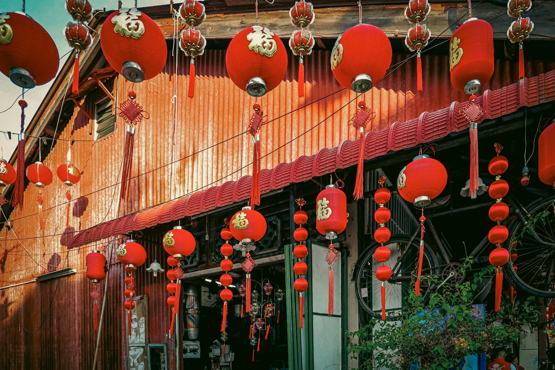 Lanterns and decorations on Yaowarat Road in Bangkok during the Mid-Autumn Festival evening