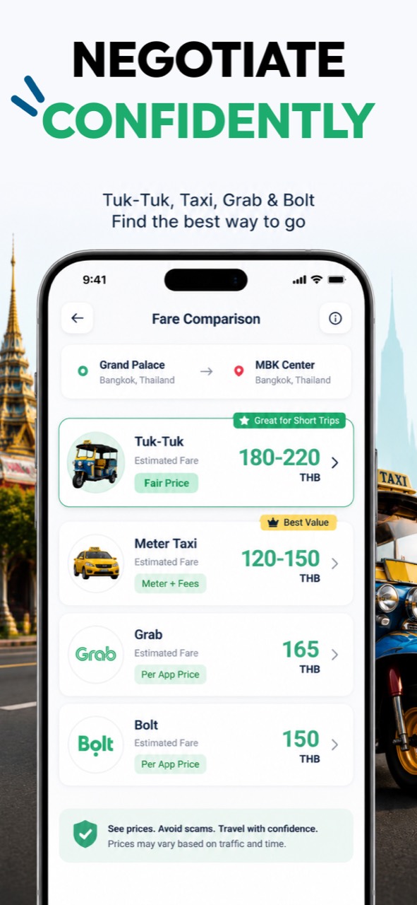 MestoGo compares Tuk-Tuk, meter taxi, Grab and Bolt fares for the same route