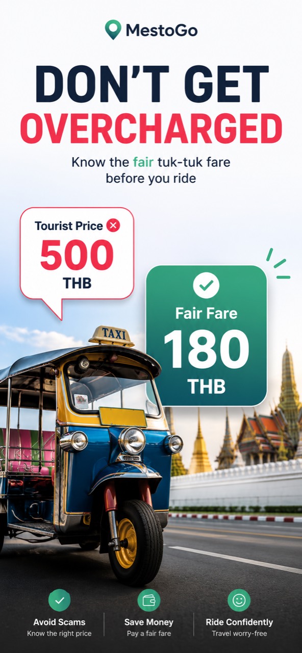 MestoGo shows a tourist price compared with a fair tuk-tuk fare