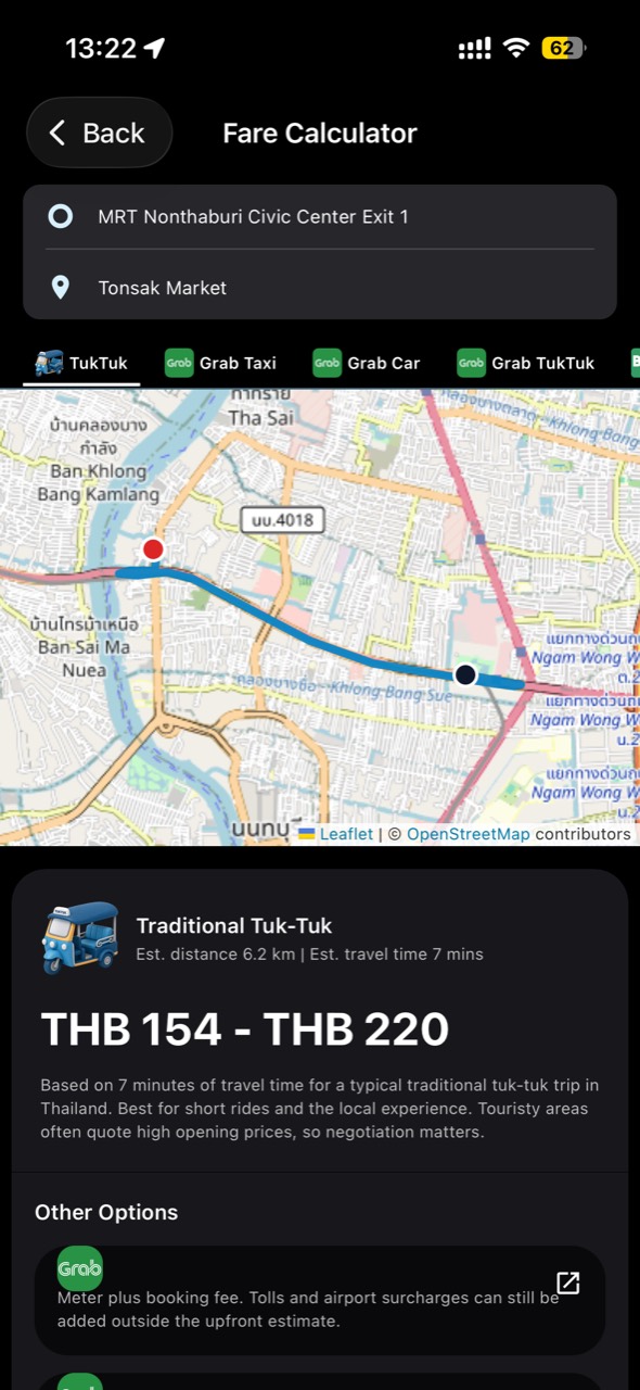MestoGo fare calculator shows a route map and tuk-tuk estimate